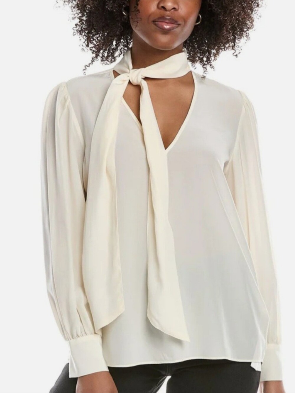 7 For All Mankind Cream Tie-Neck V-Neck Blouse